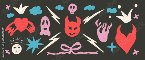 Devil multi colors doodles set. Demon and angels wax crayon drawn background. Scribble grunge love elements. Hearts, bows, clouds and sketch shapes. Vector naive illustration by pencil or chalks.