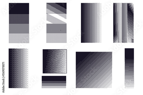 Pixel different halftone backgrounds set . 8 bit patterns bitmap dither effect. Black graphic gradient in retro 90s style. Vector retro random mosaic rectangles illustration. vintage comic overlays.