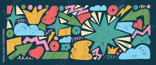 Playful geometric shapes crayon drawn set. Stars, crown, arrows and vector figures by pencil Organic colorful playful stickers doodle isolated on dark background. Graphic hand drawn funky elements.