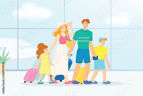 Happy family with kids pulling luggage at the airport, ready for a fun vacation, vector illustration