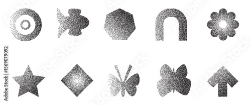 Grain black noise gradient various abstract shape set. Y2k retro fish, drop and goal target with flower forms. Gritty grunge butterfly and star icons on white background. Vector illustration.