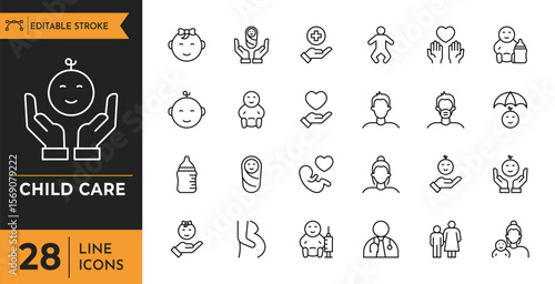 Child care outline icon set. Editable stroke. Vector illustration