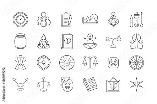 Mental Health and Emotional Wellbeing Icon Set – Mindfulness Self Care Mood Tracker Therapy Support Inner Peace and Mental Balance Symbols