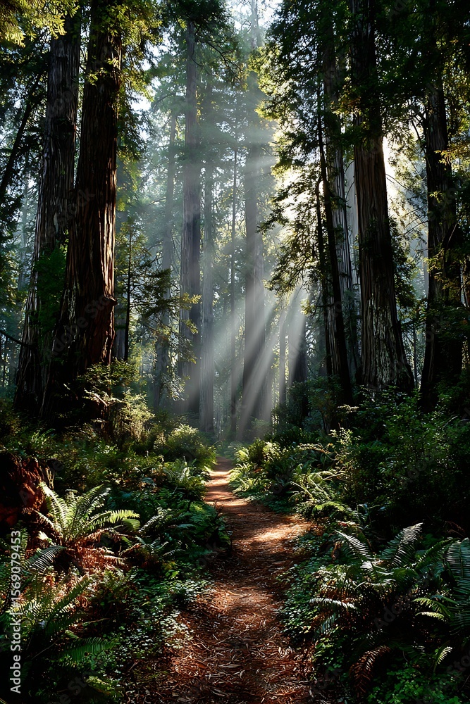 Obraz premium Sunbeams illuminate a path through a redwood forest