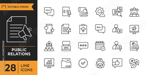 Public relations outline icon set. Containing Interview, Community, Social Media, Influencer, PR Agent, and More. Editable stroke. Vector illustration
