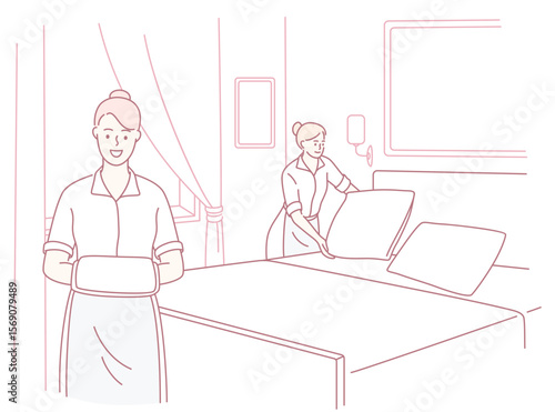 Two diligent housekeeping staff are tidying up a hotel room, arranging fresh bedding and soft pillows neatly
