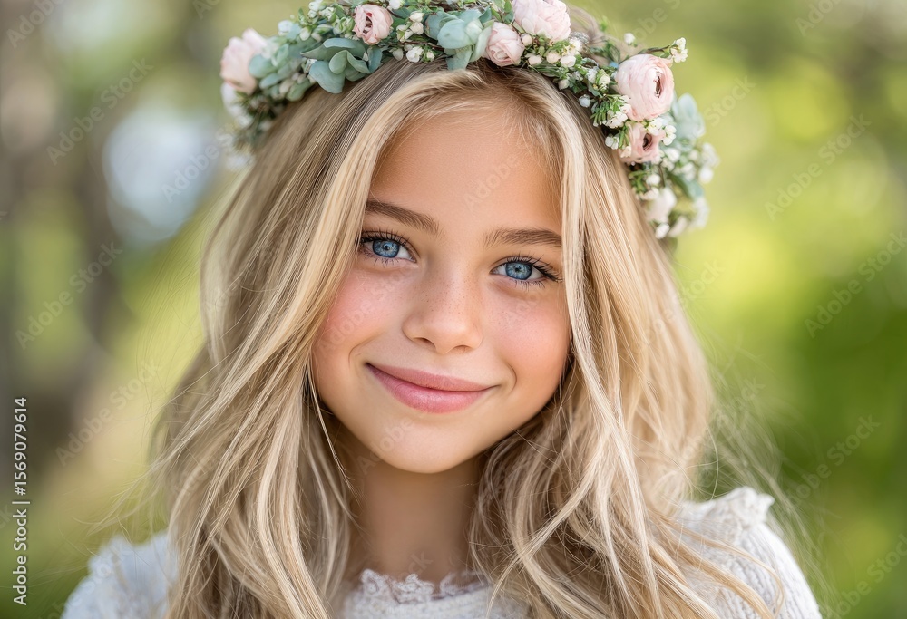 a cute, blonde-haired girl with long hair wearing a floral wreath made from white flowers, smiling and holding her hands on her head, in a spring outfit a cute, blonde-haired girl with long hair wearing a floral wreath made from white flowers, smiling and holding her hands on her head, in a spring outfit