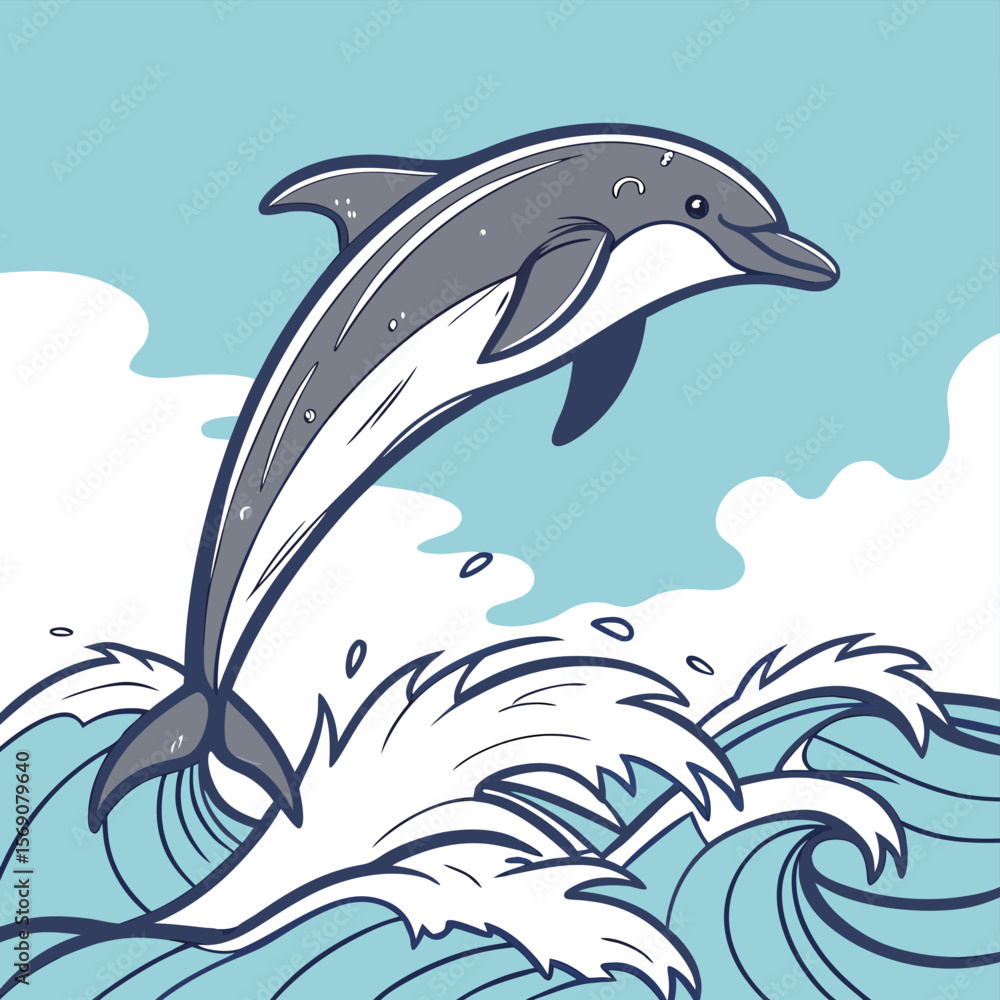 Naklejka premium Joyful Dolphin's Leap: A charming illustration of a dolphin leaping gracefully through the waves, painted against a breezy, idyllic seascape.