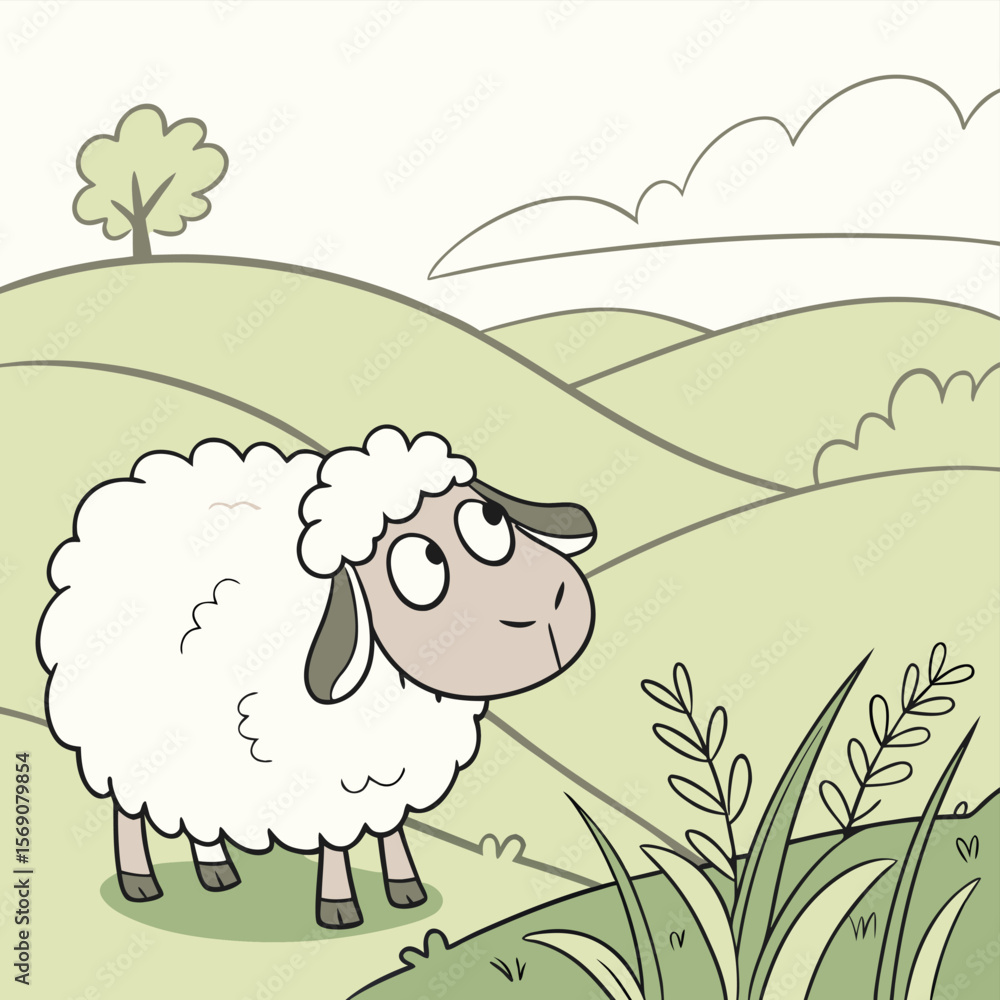 Obraz premium Contemplative Sheep in Verdant Pasture: A charming cartoon sheep with fluffy wool gazes upwards in a green pasture with rolling hills, embodying a childlike wonder and peaceful nature.
