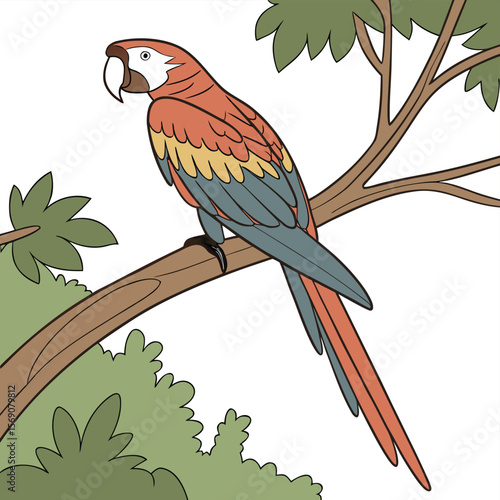 Scarlet Macaw Perched in Canopy: A vibrant scarlet macaw perches gracefully on a tree branch amidst lush green foliage, showcasing the bird's striking plumage and its arboreal lifestyle.