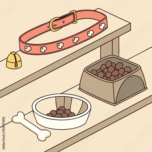 Pet's essentials: A pet's haven. Showcasing the essential accessories: a bone, bowls, and a collar, capturing pet ownership.