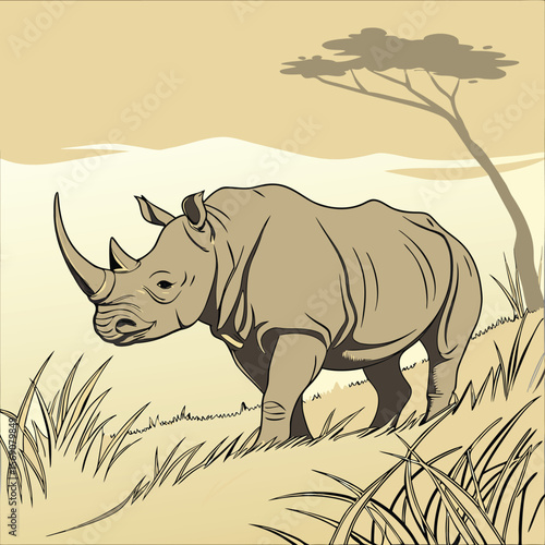 Rhino in Sepia: A powerful rhino stands boldly in its natural habitat, rendered in a sepia tone, against an illustrative background that captures the essence of the wild.