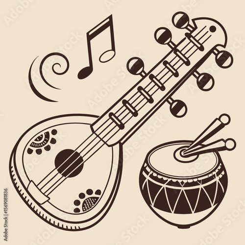 Illustration of a veena and drum with music note and swirl on a beige colored background design art