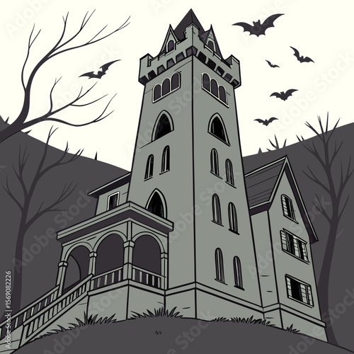 An American Gothic-style castle shrouded in darkness, with bats fluttering around it.