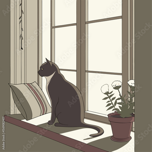 High-resolution 3D image of an elegant cat sitting on the windowsill.