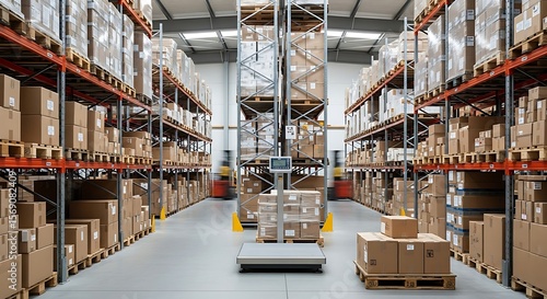 A warehouse interior featuring shelves stacked with cardboard boxes and a weighing scale in the foreground.