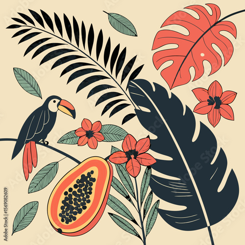 A richly layered collage featuring oversized tropical leaves, flowers, fruits, and birds in vivid hues—mix and match textures, slight hand-drawn lines, bold color contrasts.