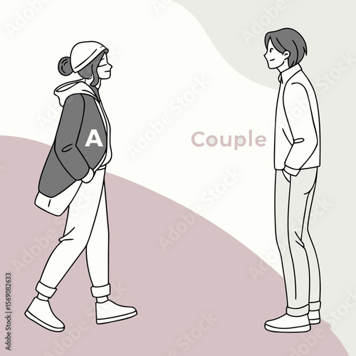 A flat-style couple, fully clothed, standing apart on a bold monochrome background—clean lines, soft pastel palette, modern condensed typography space around them.