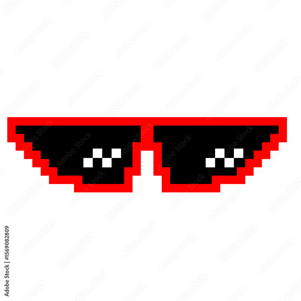 Obraz premium Red pixel sunglasses icon illustration with flat style design. Application, web, social media, sticker, banner, poster, plastic building bricks.