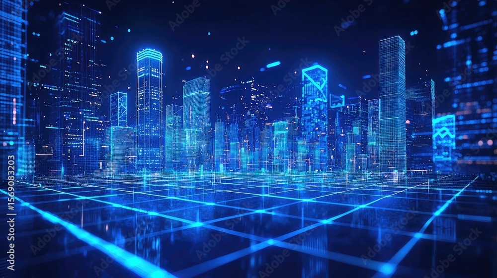 Fototapeta premium Futuristic city skyline with digital network overlay.