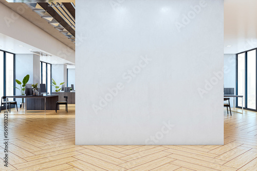 Fototapeta Naklejka Na Ścianę i Meble -  Blank white wall mockup in modern corporate office interior with wooden floor and glass windows offering city view, perfect for logo or poster display. 3D Rendering