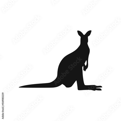 A simple black silhouette of a kangaroo sitting, facing forward, against a white background.