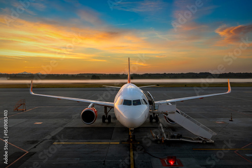 Commercial airliner parked on the tarmac at sunrise at the Milan Malpensa International Airport.