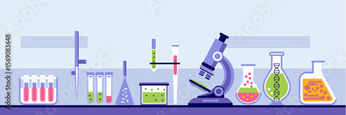 Biological research tools - pipette, lab flasks, microscope, scientific vector banner
