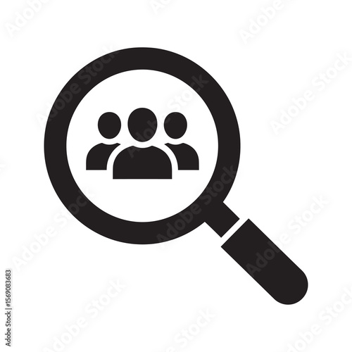 Talent acquisition icon showing a magnifying glass over a group of people for human resource recruitment and audience analysis and searching vector solid glyph