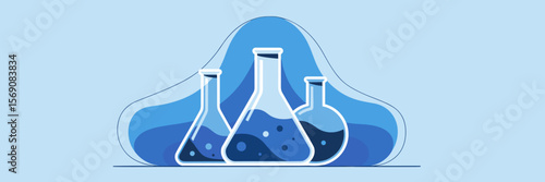 Biotech lab flasks in blue tones on scientific vector banner