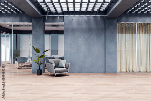 Fototapeta Naklejka Na Ścianę i Meble -  Modern corporate office hallway with seating area, glass walls, and wood flooring under grid ceiling, clean design with blank wall space. 3D Rendering