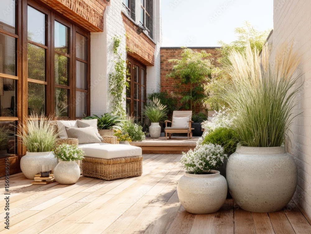 Fototapeta premium Cozy patio with ornamental grasses creating a relaxing atmosphere
