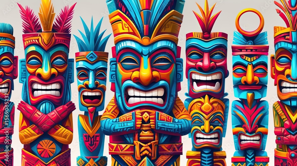 Fototapeta premium Stylized totems with exaggerated faces and bright colors are an image of mythological play, cultural stylism and living absurdity of joy.