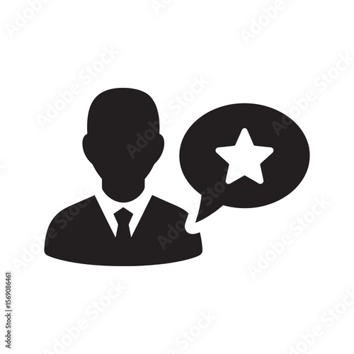Expert opinion icon with a user silhouette and a speech bubble containing a star representing a manager review or professional testimonial vector solid glyph