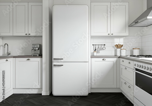 Modern white kitchen with vintage refrigerator, showcasing a clean, minimalist design. A home cook preparing a meal in a well-organized, neutral-toned space.