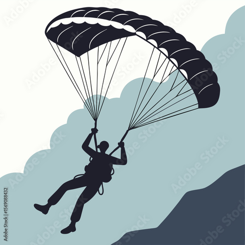 Silhouette of a skydiver with a parachute against a backdrop of clouds and a mountain landscape view