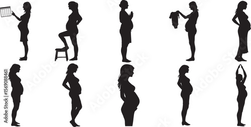 Pregnant Woman silhouettes Belly Growth Collection set. clip art, back lit, beauty, bonding, outline, design element, men