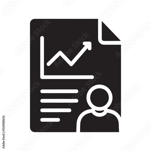 Personal finance report icon with a document showing a graph and a user profile for employee performance review or a curriculum vitae vector solid glyph