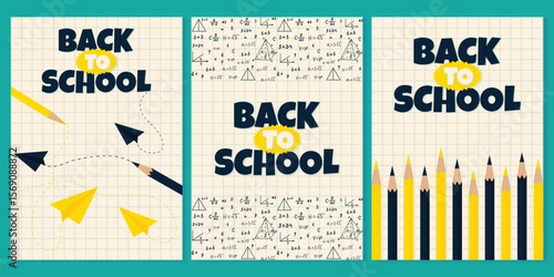 Set of Educational Back to School Posters with School Supplies Vector Illustration.