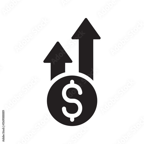 Rapid revenue growth icon with a dollar sign and two upward arrows symbolizing high profit currency appreciation and increased earnings vector solid glyph