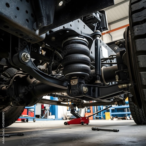 Close-up view of a heavy-duty truck's suspension system, showcasing the air springs, shock absorbers, and chassis components in a garage or workshop setting.