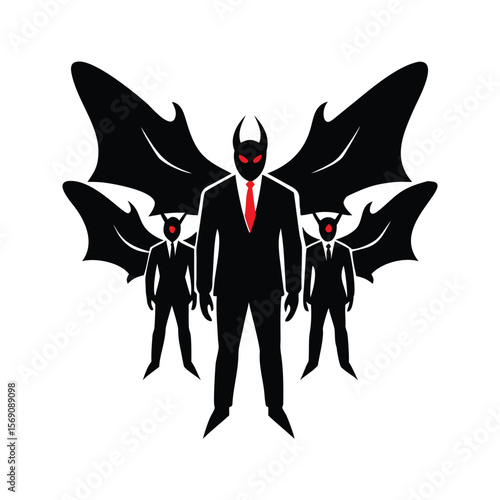 Business demons in suits with red eyes and wings on a clean white background