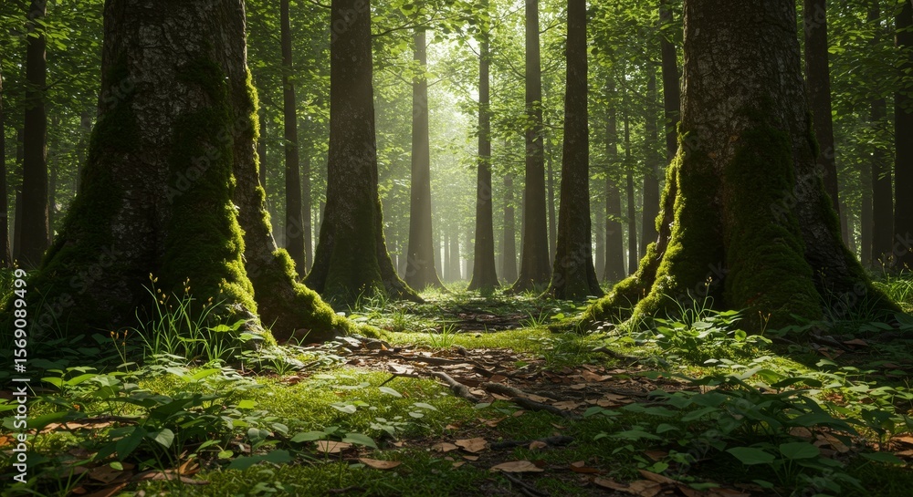 Obraz premium Sunbeams in Mossy Forest Trail