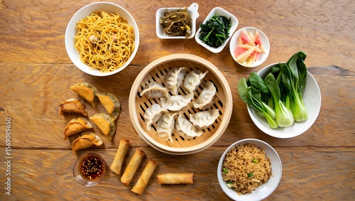 Wallpaper Mural Assorted Asian Cuisine Presentation Wooden Tabletop overhead view chinese food Torontodigital.ca