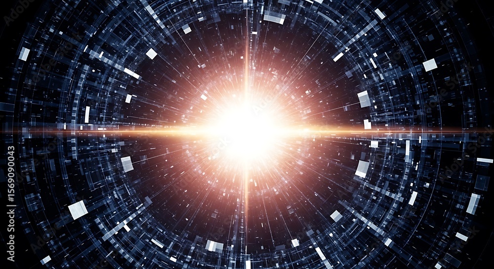 Obraz premium Abstract digital tunnel with a bright light source at the end, creating a sense of depth and technology.