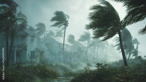 Houses and palm trees in a storm with strong winds and heavy rain on a dark and cloudy day near the ocean