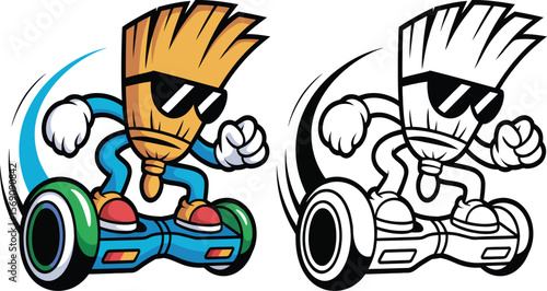 Cartoon broom riding hoverboard vector illustration for cleaning service and design projects use