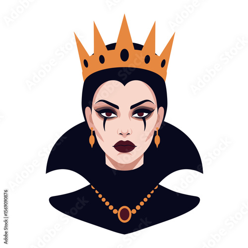 Evil queen with dark makeup and crown in illustrated style  