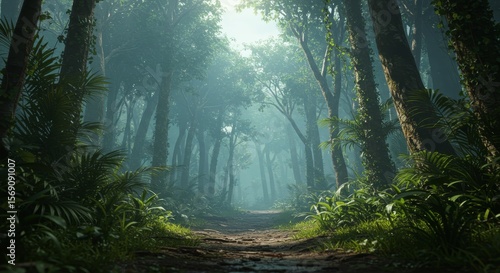 Mysterious Jungle Path: Lush Rainforest Fog