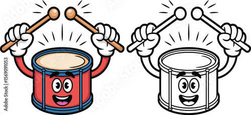 Cartoon drum mascot character playing drums with drumsticks musical instrument vector art
